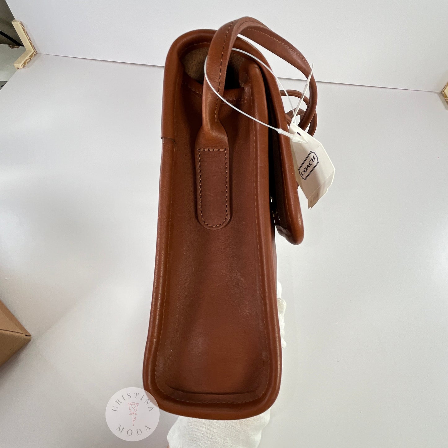 Vintage Coach Scooter Bag in British Tan, view of side of bag