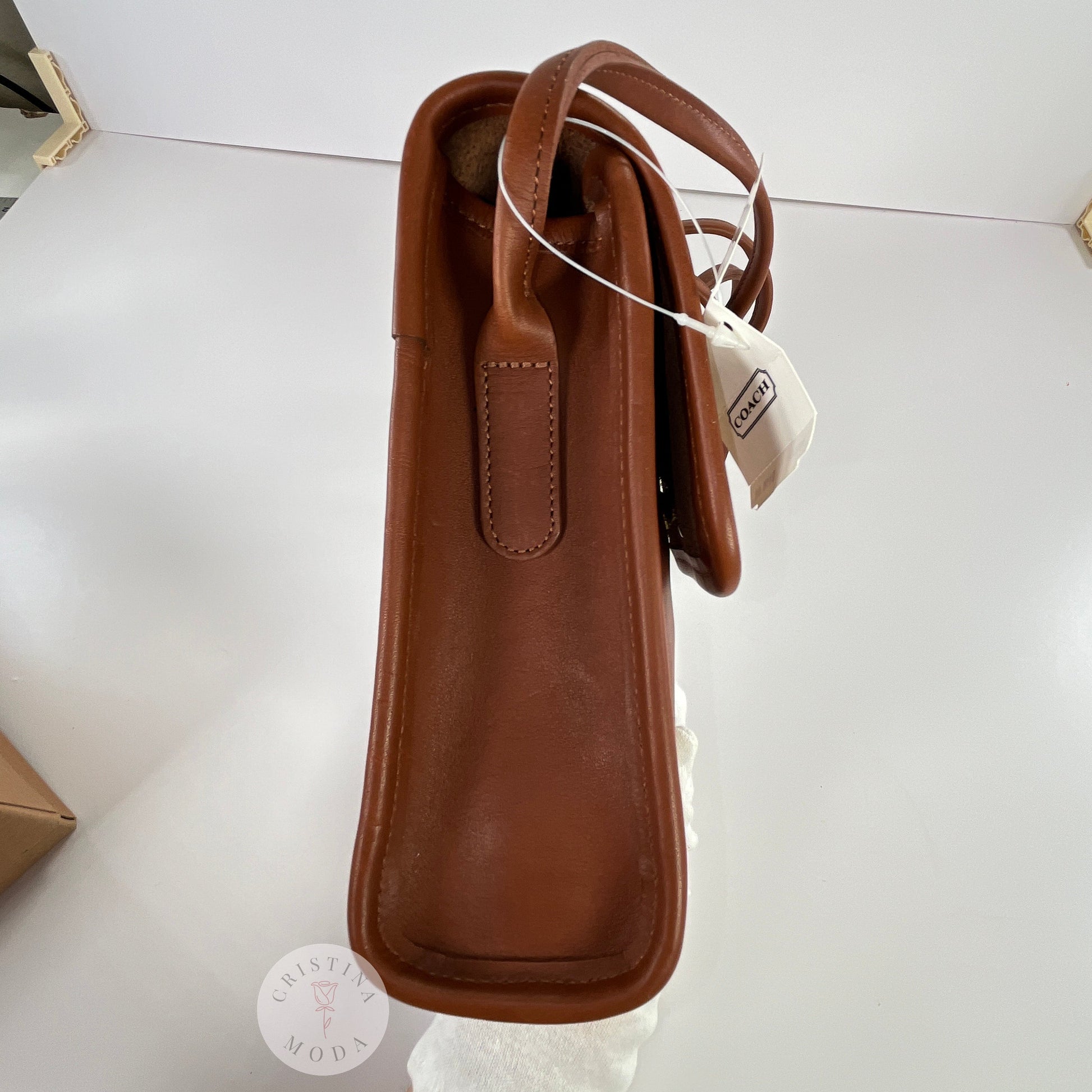 Vintage Coach Scooter Bag in British Tan, view of side of bag