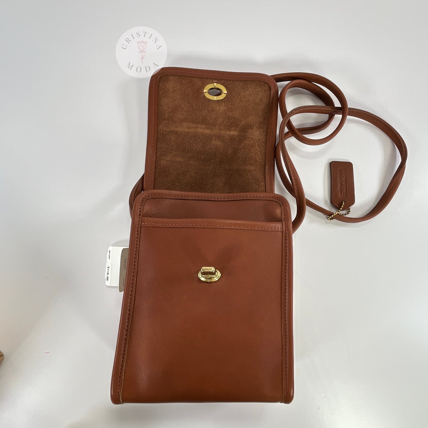 Vintage Coach Scooter Bag in British Tan, view of area that sits under front flap with bag open, laying flat