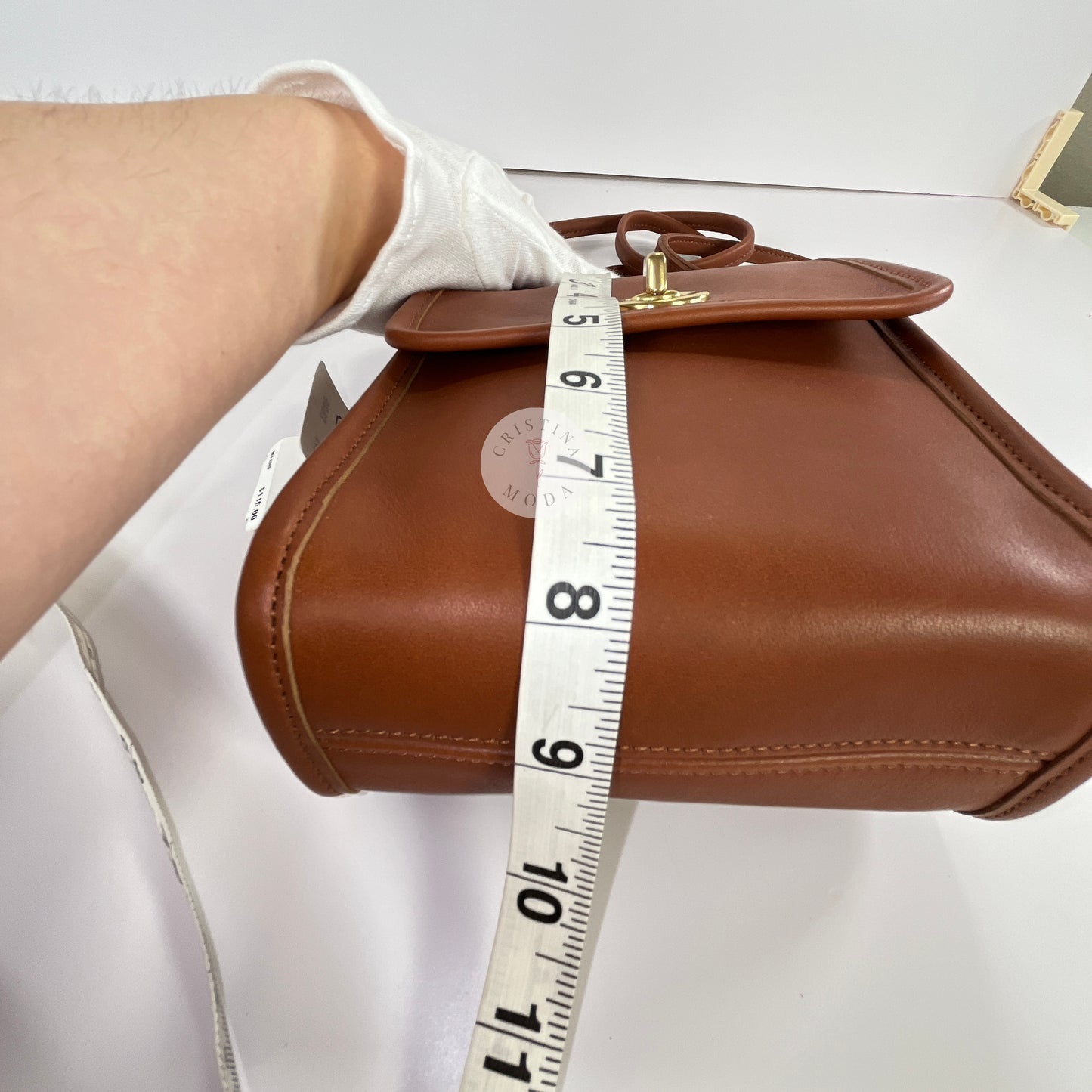 Vintage Coach Scooter Bag in British Tan, view of measuring tape showing height measurement
