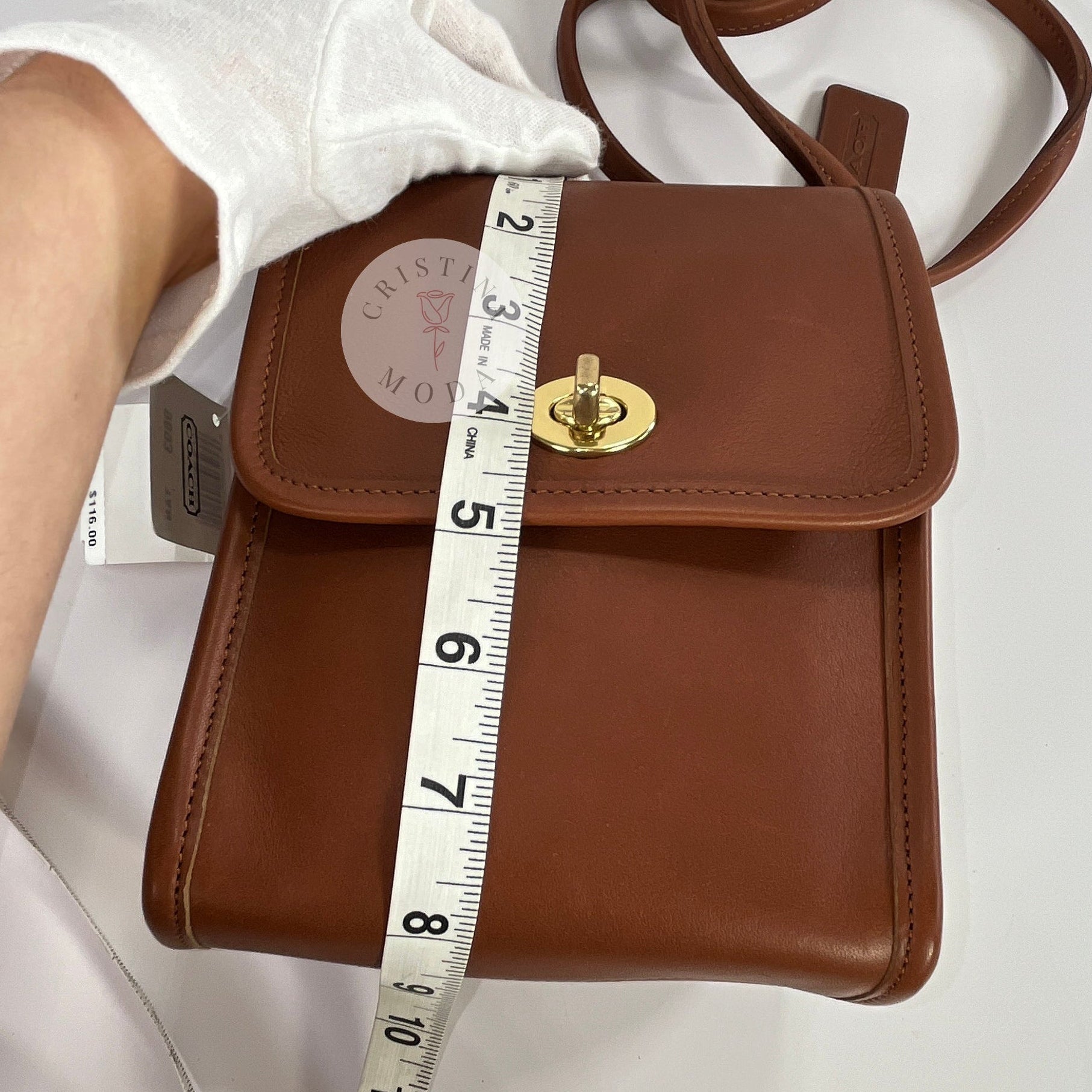 Vintage Coach Scooter Bag in British Tan, view of measuring tape showing height measurement