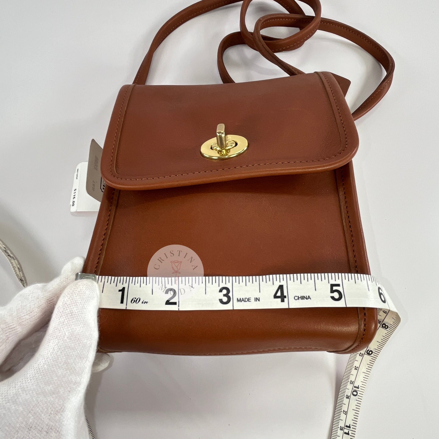 Vintage Coach Scooter Bag in British Tan, view of measuring tape showing width measurement