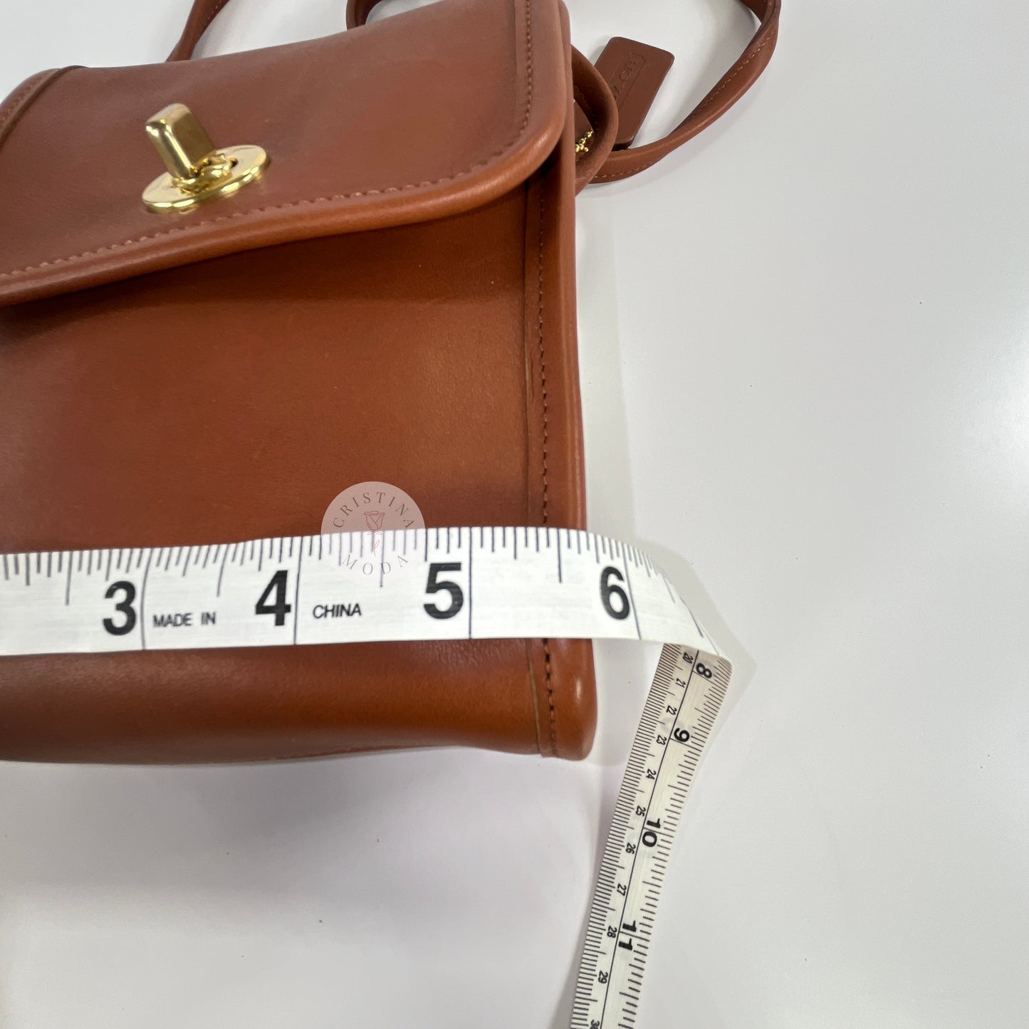 Vintage Coach Scooter Bag in British Tan, view of measuring tape showing width measurement