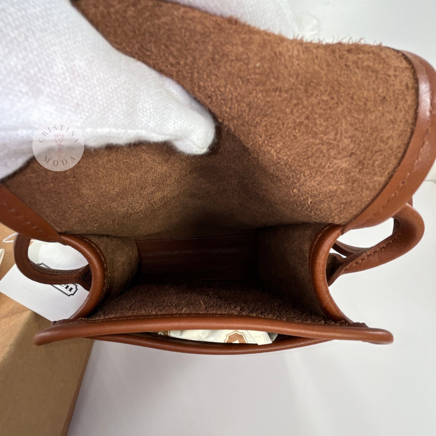 Vintage Coach Scooter Bag in British Tan, view of inside of bag