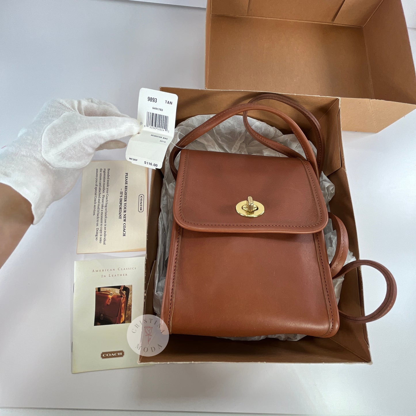 Vintage Coach Scooter Bag in British Tan, view of bag inside box