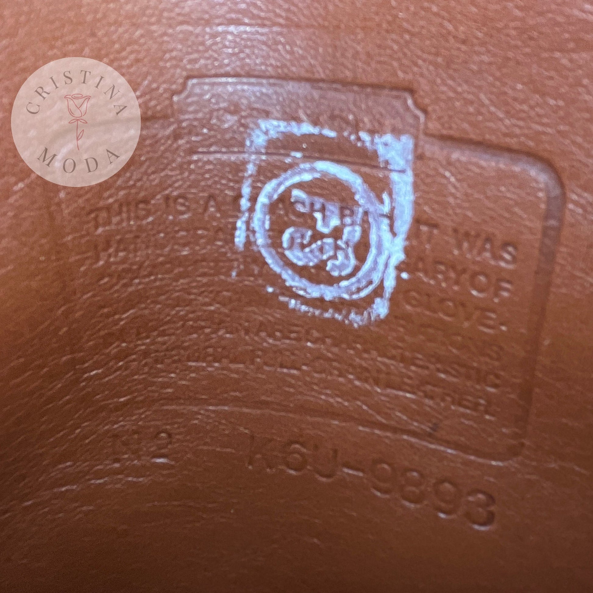 Vintage Coach Scooter Bag in British Tan, view of creed and serial number