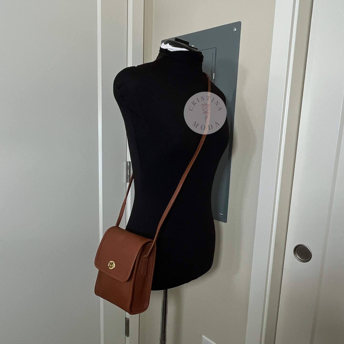Vintage Coach Scooter Bag in British Tan, view of bag on mannequin