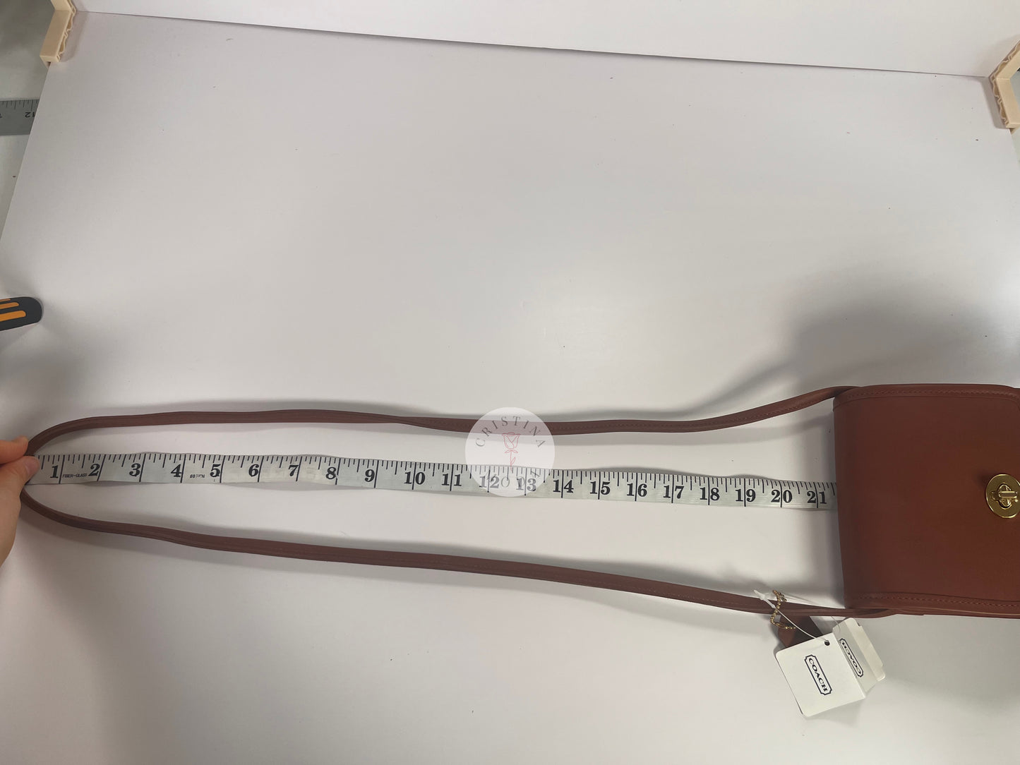 Vintage Coach Scooter Bag in British Tan, view of measuring tape showing strap drop measurement