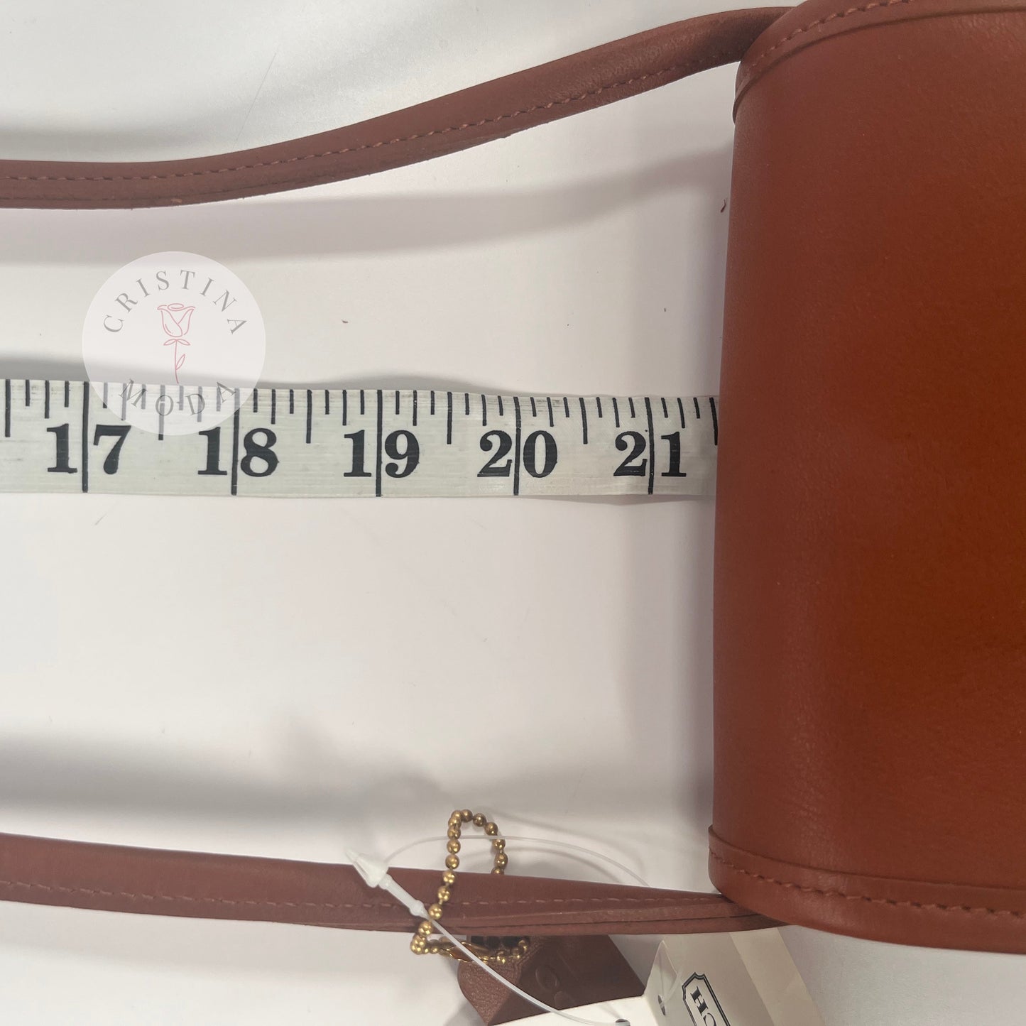 Vintage Coach Scooter Bag in British Tan, view of measuring tape showing strap drop measurement