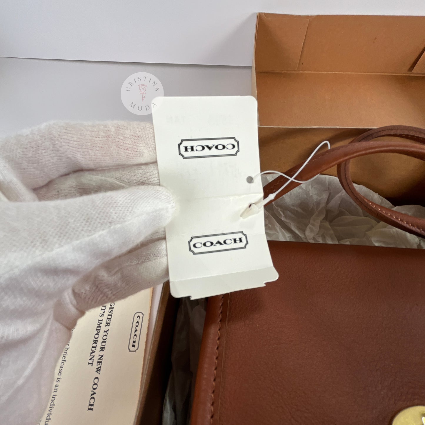 Vintage Coach Scooter Bag in British Tan, view of outside of price tag