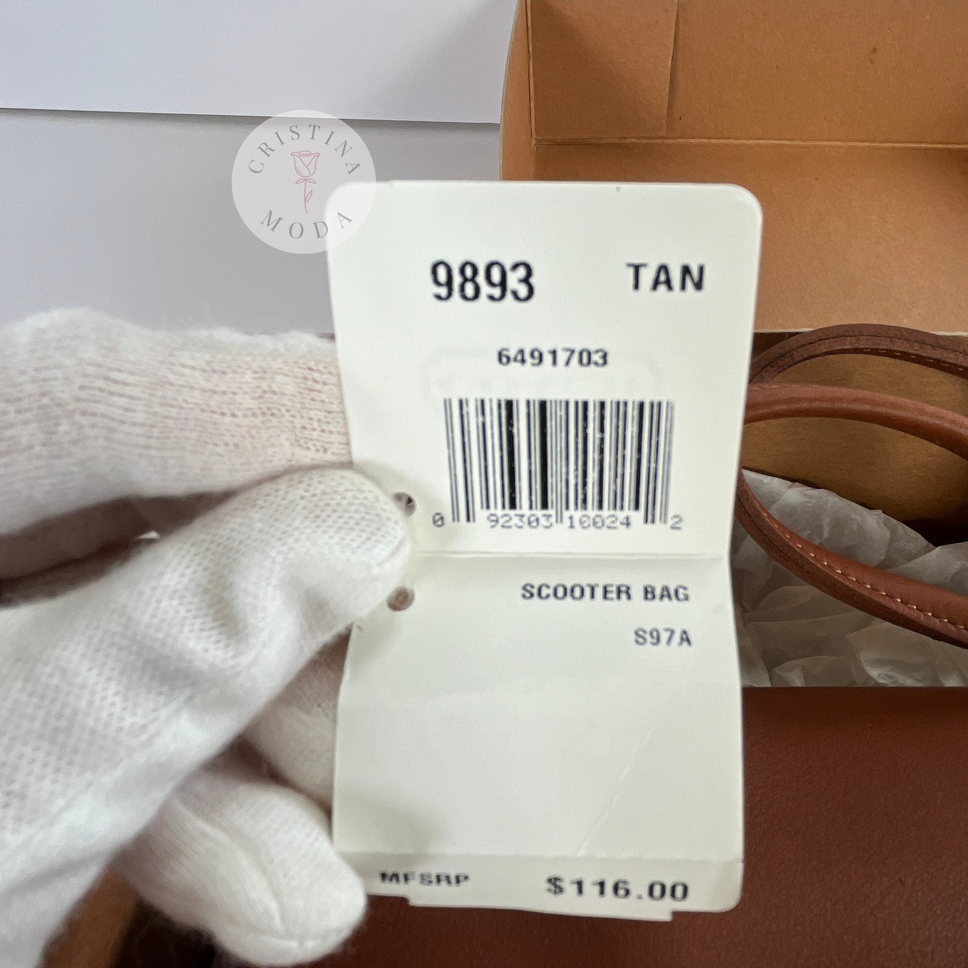 Vintage Coach Scooter Bag in British Tan, view of inside of price tag