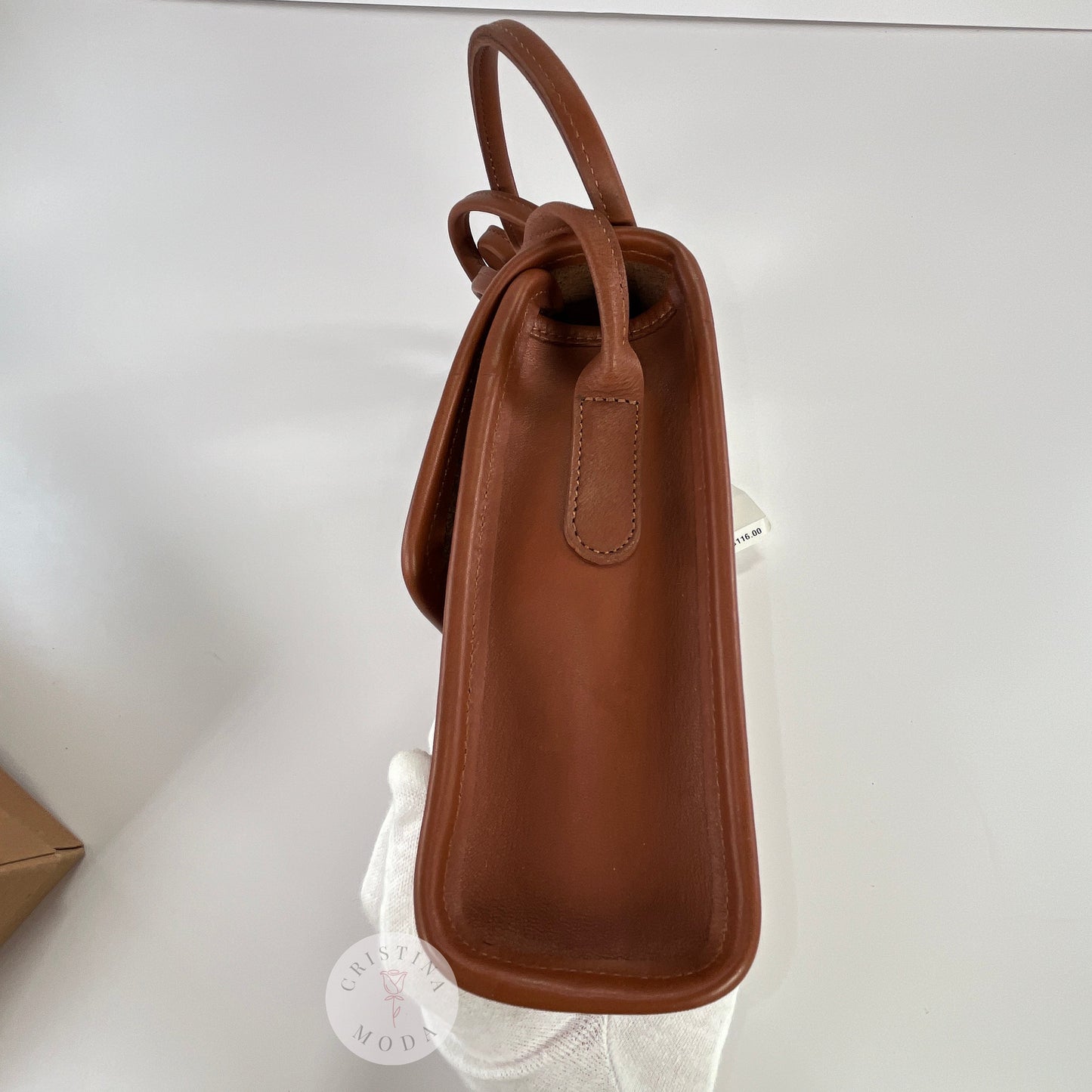 Vintage Coach Scooter Bag in British Tan, view of side of bag