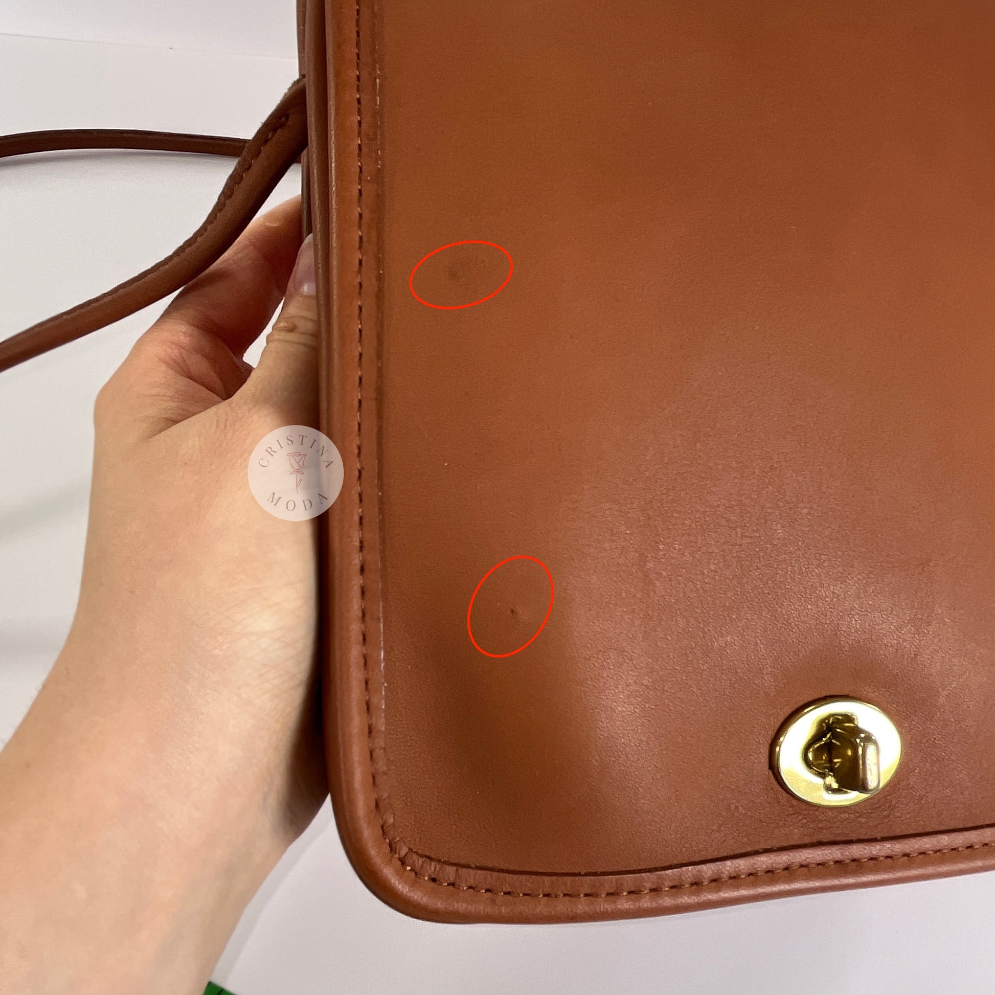 Up close photo showing marks on front of bag