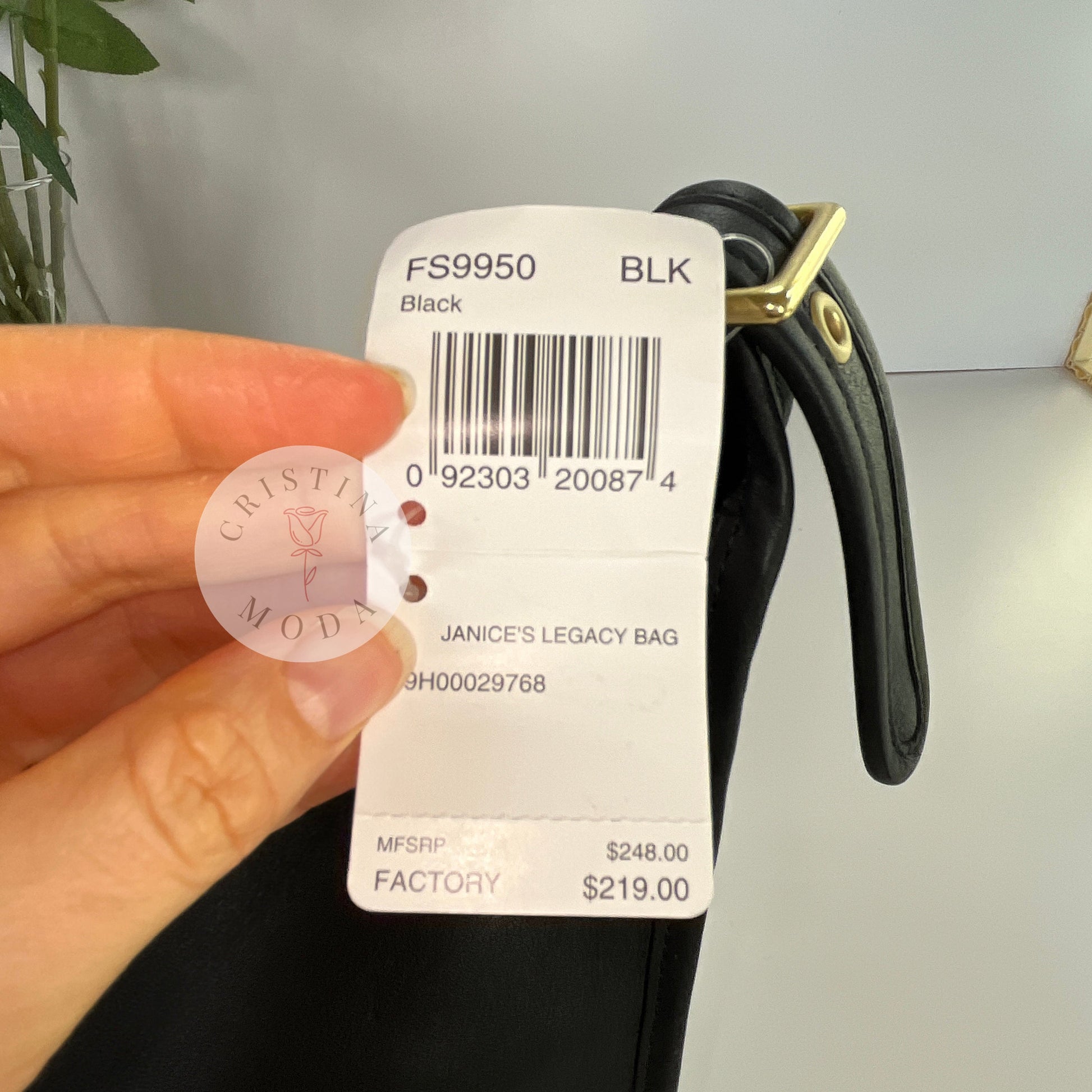 Close up photo of inside of price tag attached to bag