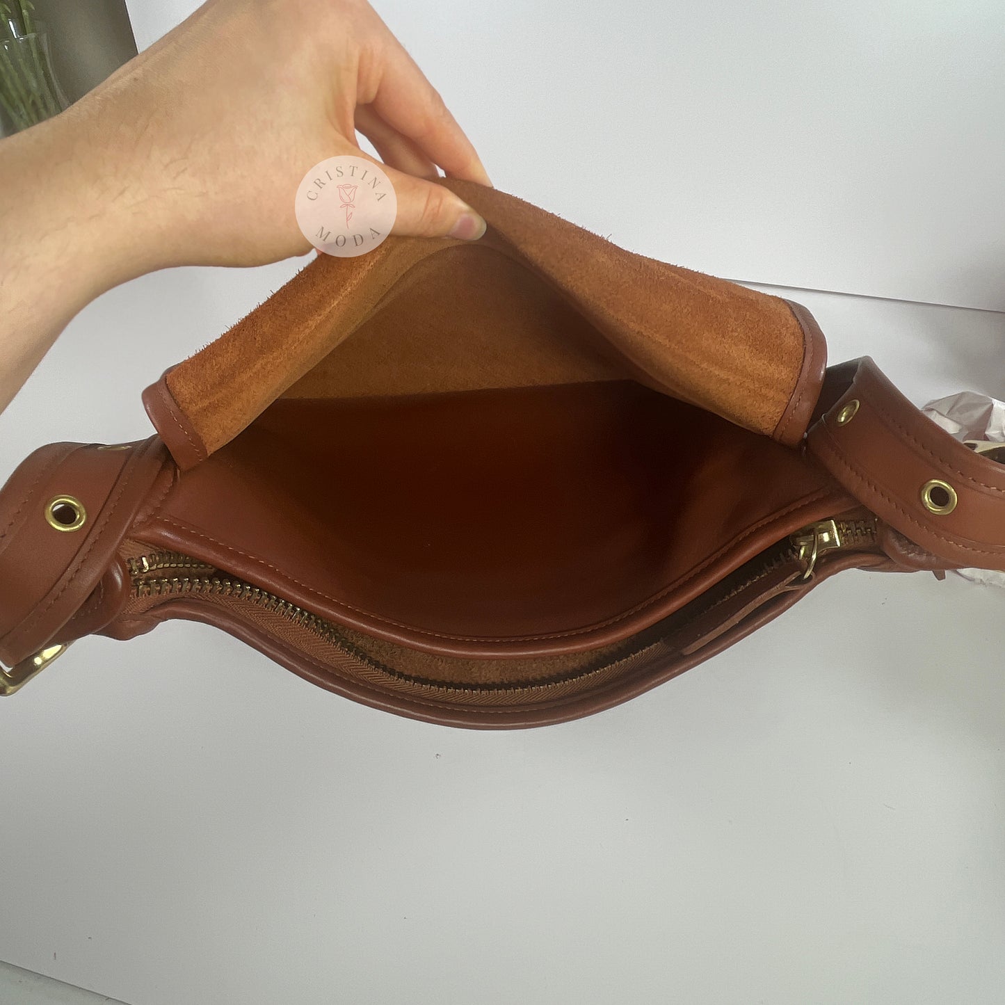 View of back compartment (behind main body compartment) inside of vintage coach Patricia's Legacy Bag in British Tan