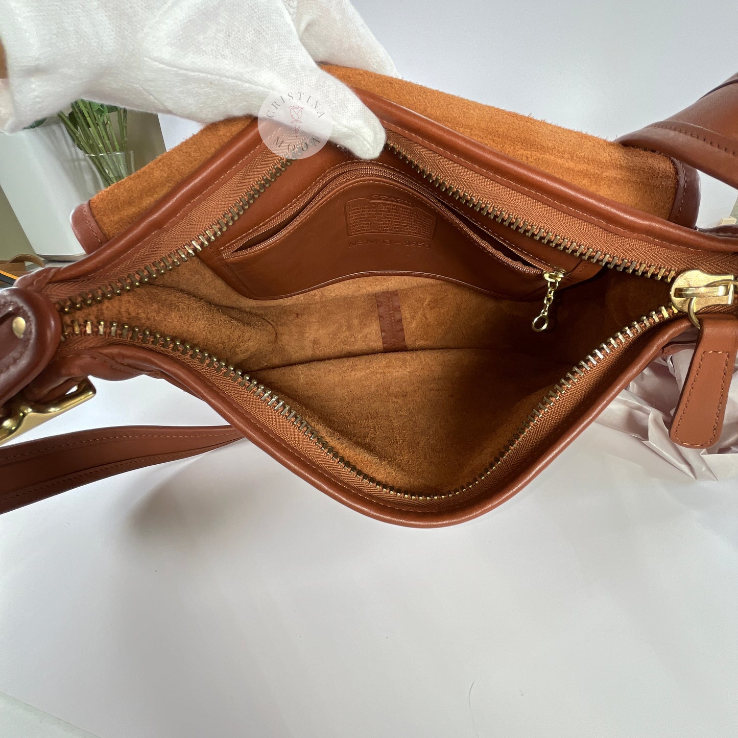 View of inside main body compartment of  vintage coach Patricia's Legacy Bag in British Tan
