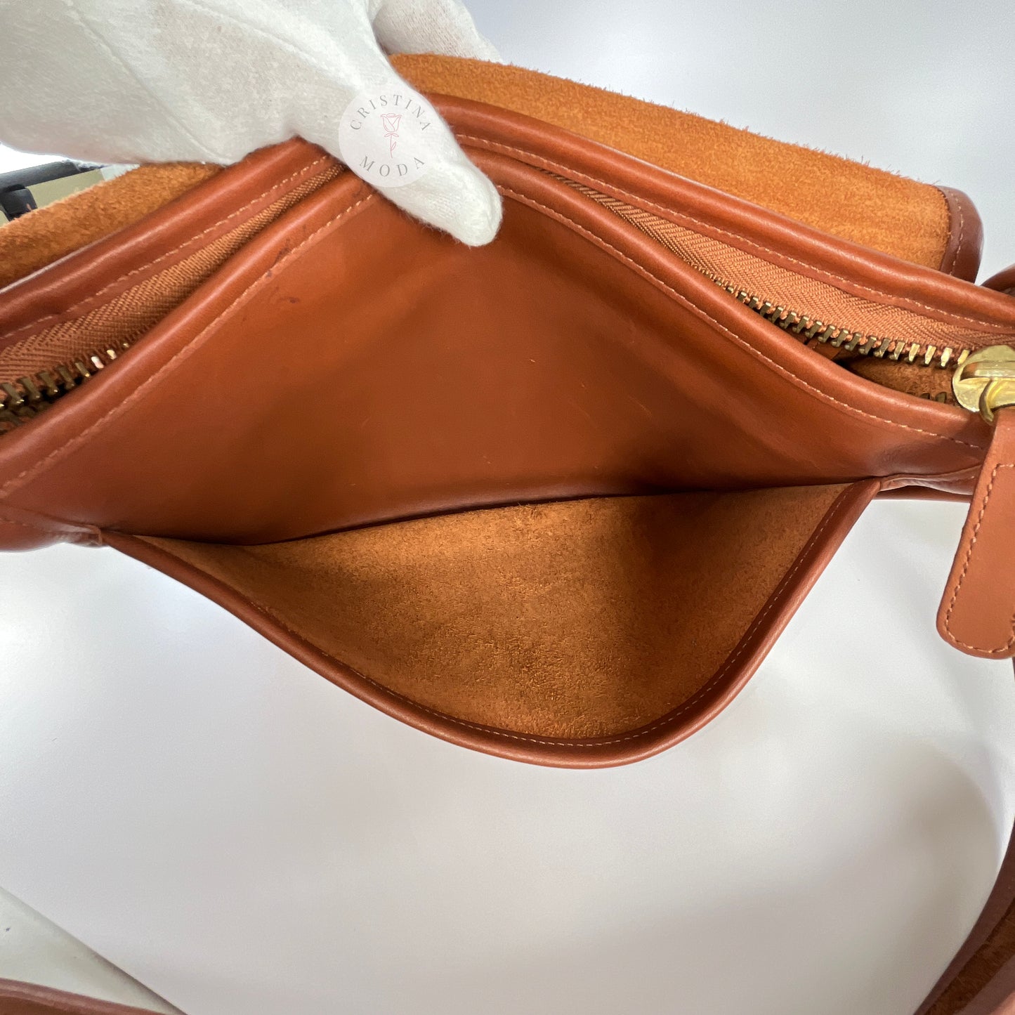 View of inside pocket under front flap area  of vintage coach Patricia's Legacy Bag in British Tan