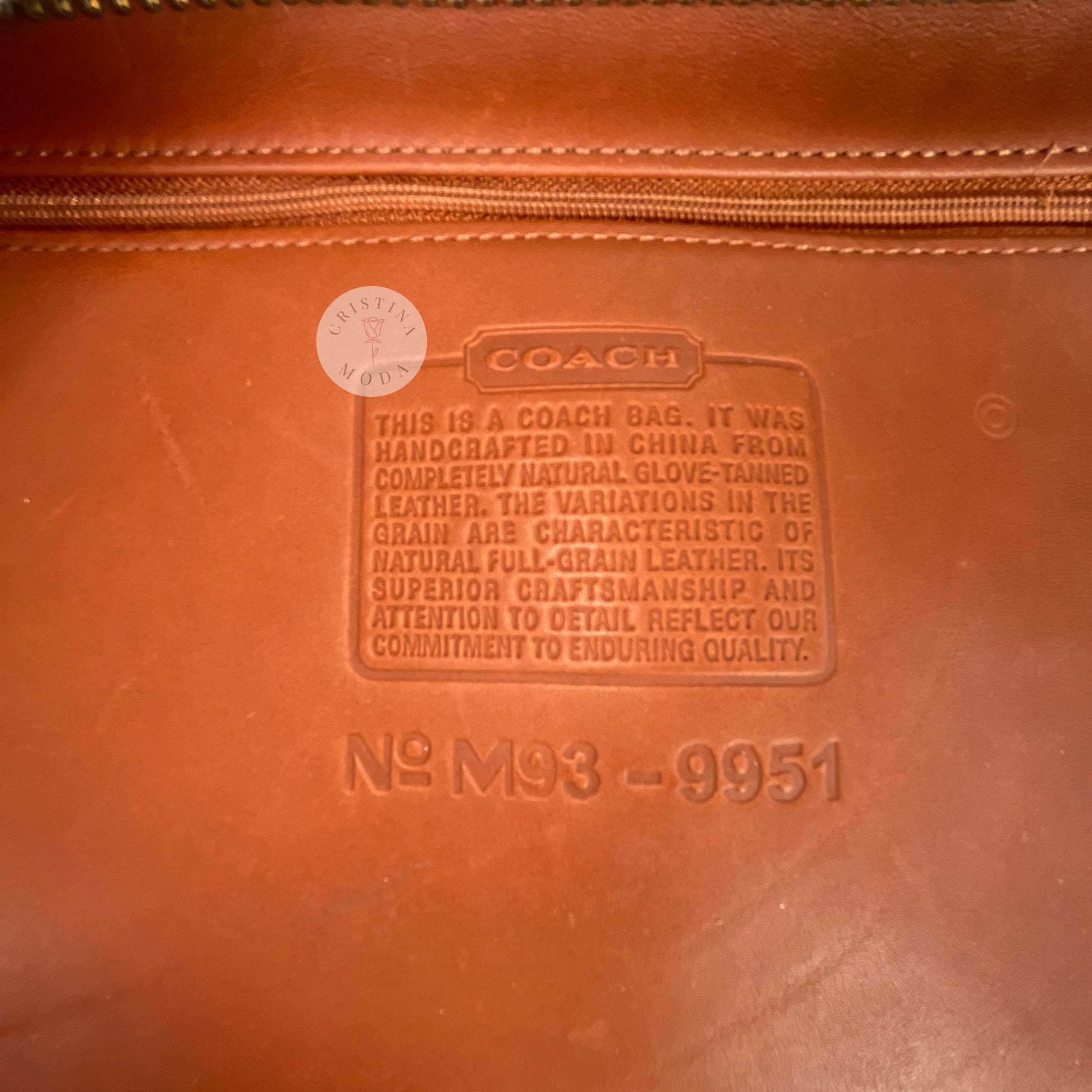 View of Coach creed inside vintage coach Patricia's Legacy Bag in British Tan