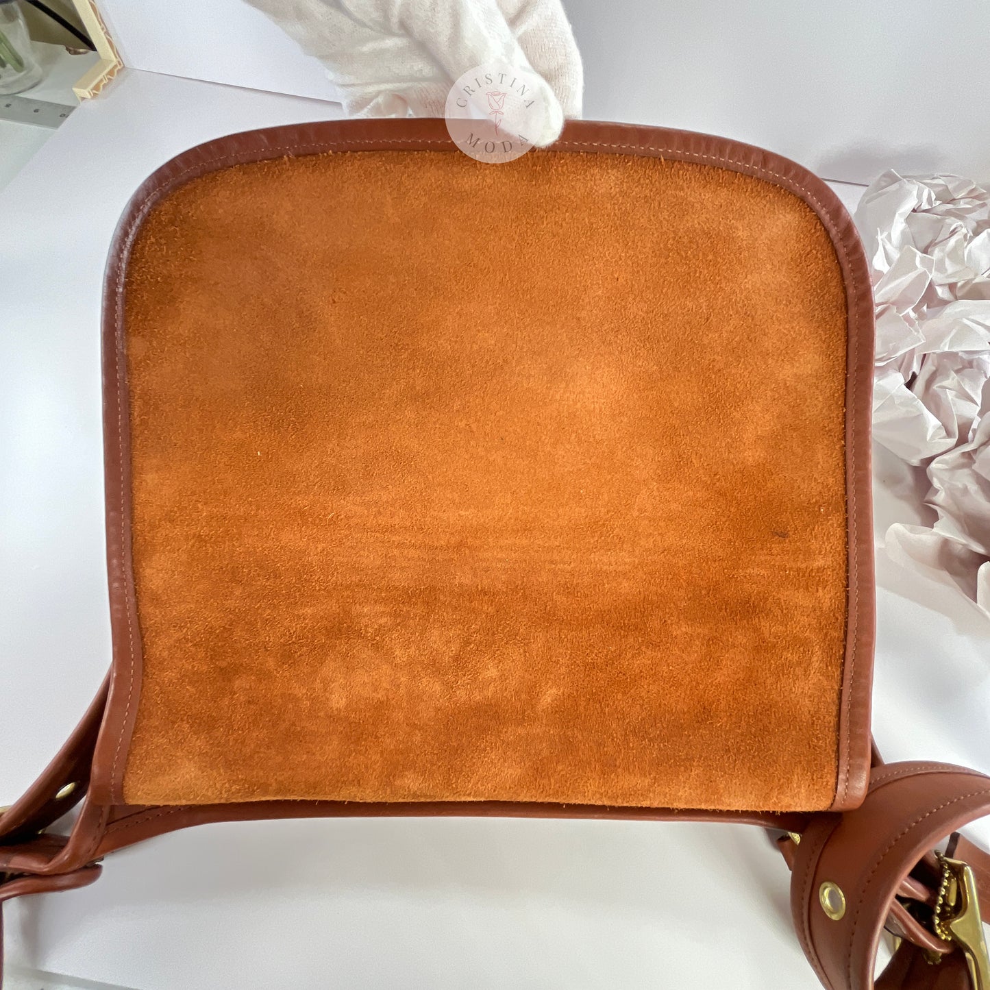 View of suede underside of front flap area of vintage coach Patricia's Legacy Bag in British Tan