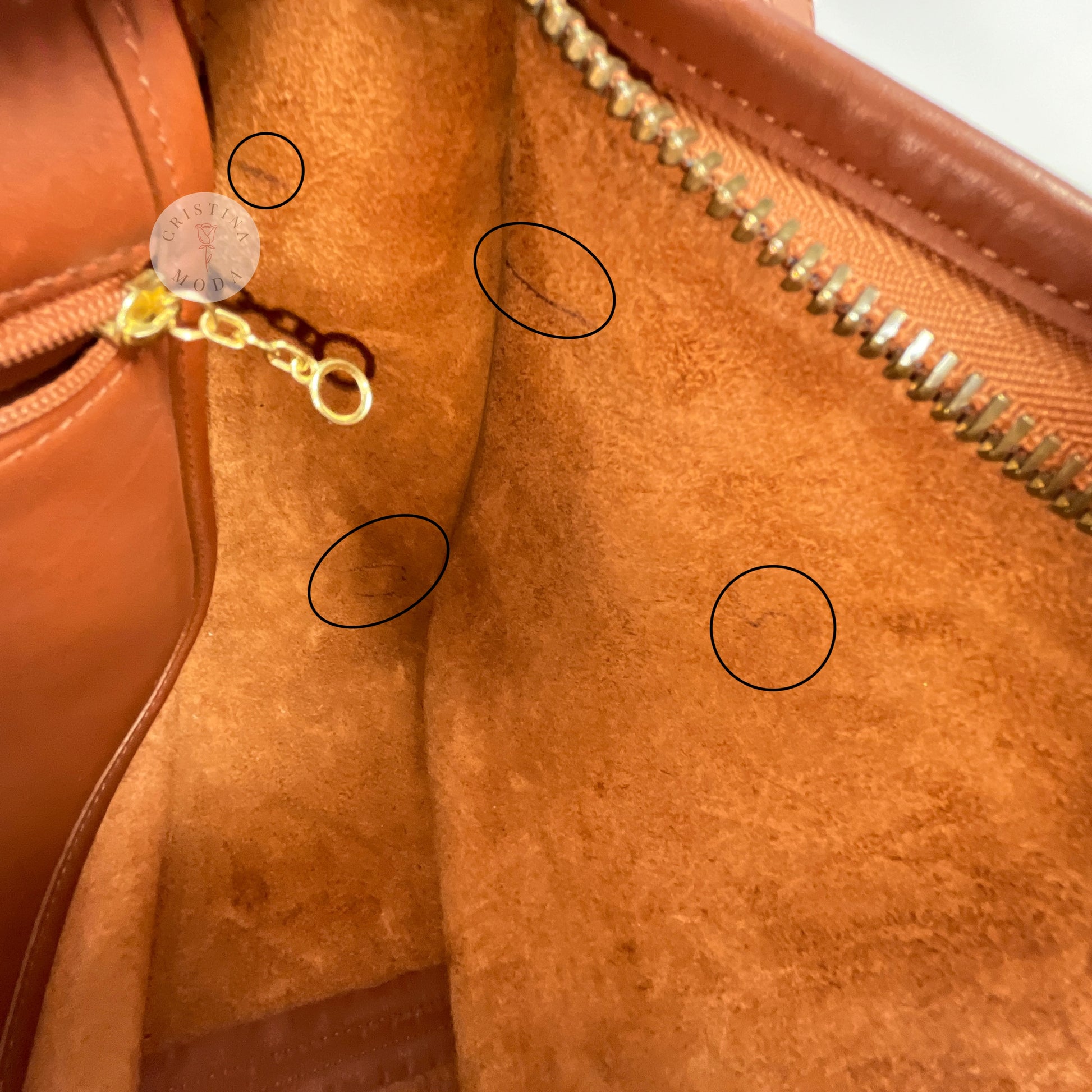Close up showing circled areas with pen marks inside of vintage coach Patricia's Legacy Bag in British Tan