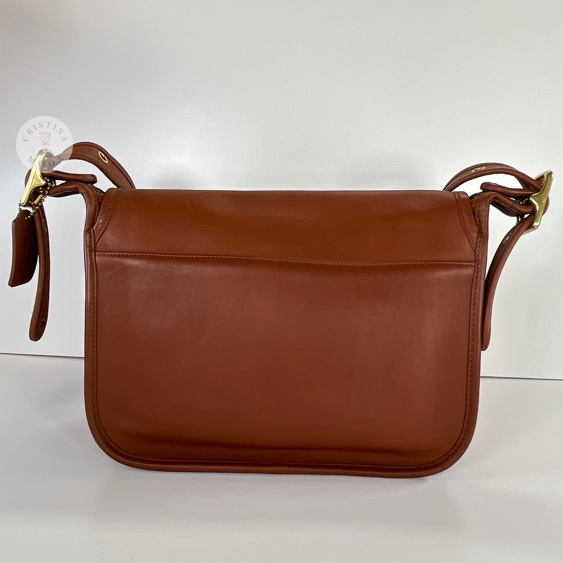 View of back of vintage coach Patricia's Legacy Bag in British Tan