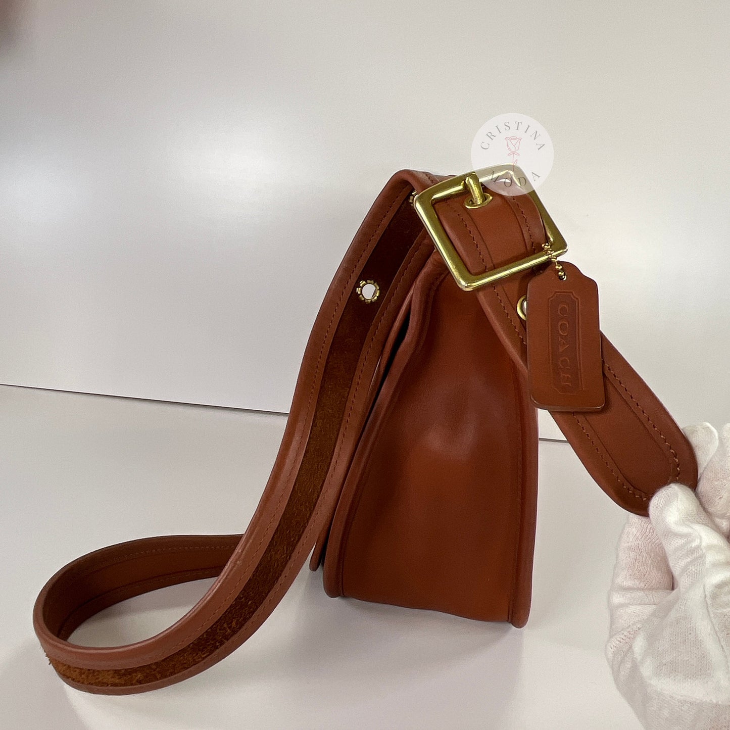 View of side of vintage coach Patricia's Legacy Bag in British Tan