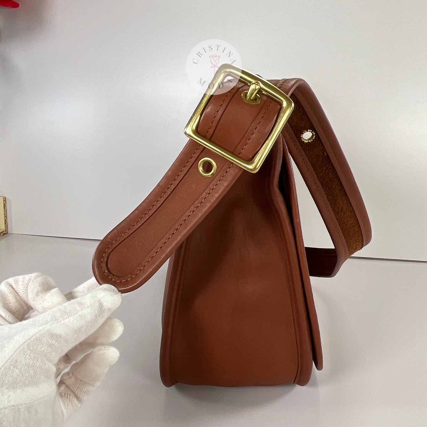 View of side of vintage coach Patricia's Legacy Bag in British Tan