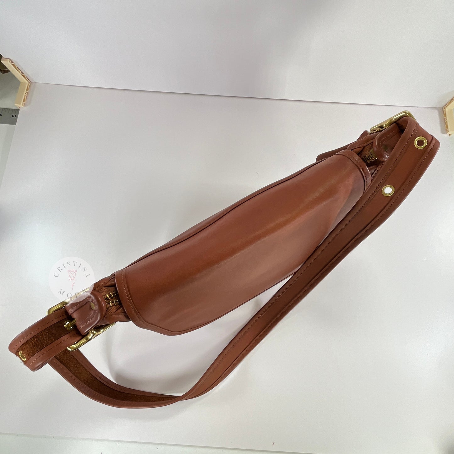 View of top of vintage coach Patricia's Legacy Bag in British Tan