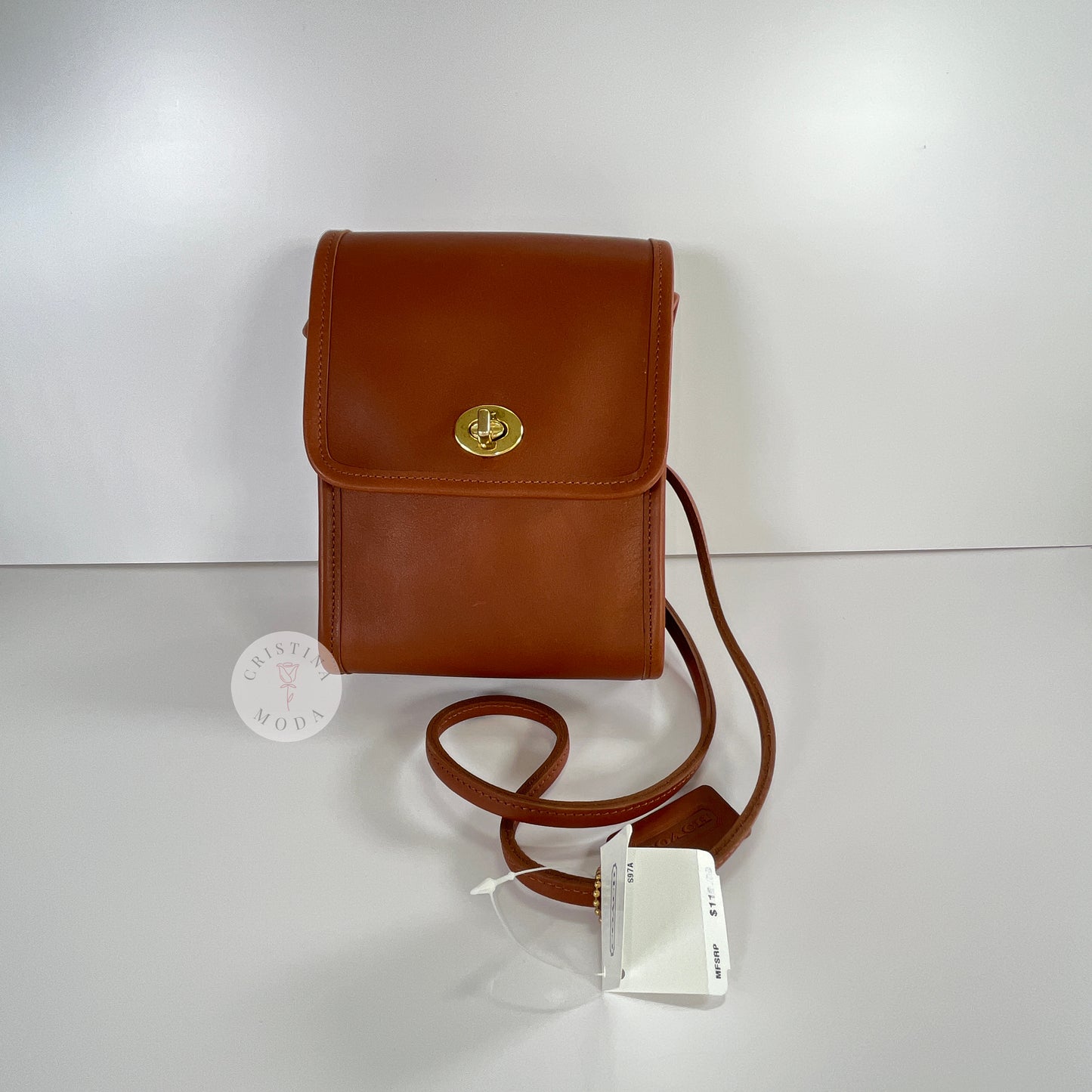 Full front view of the British Tan vintage Coach Scooter Bag