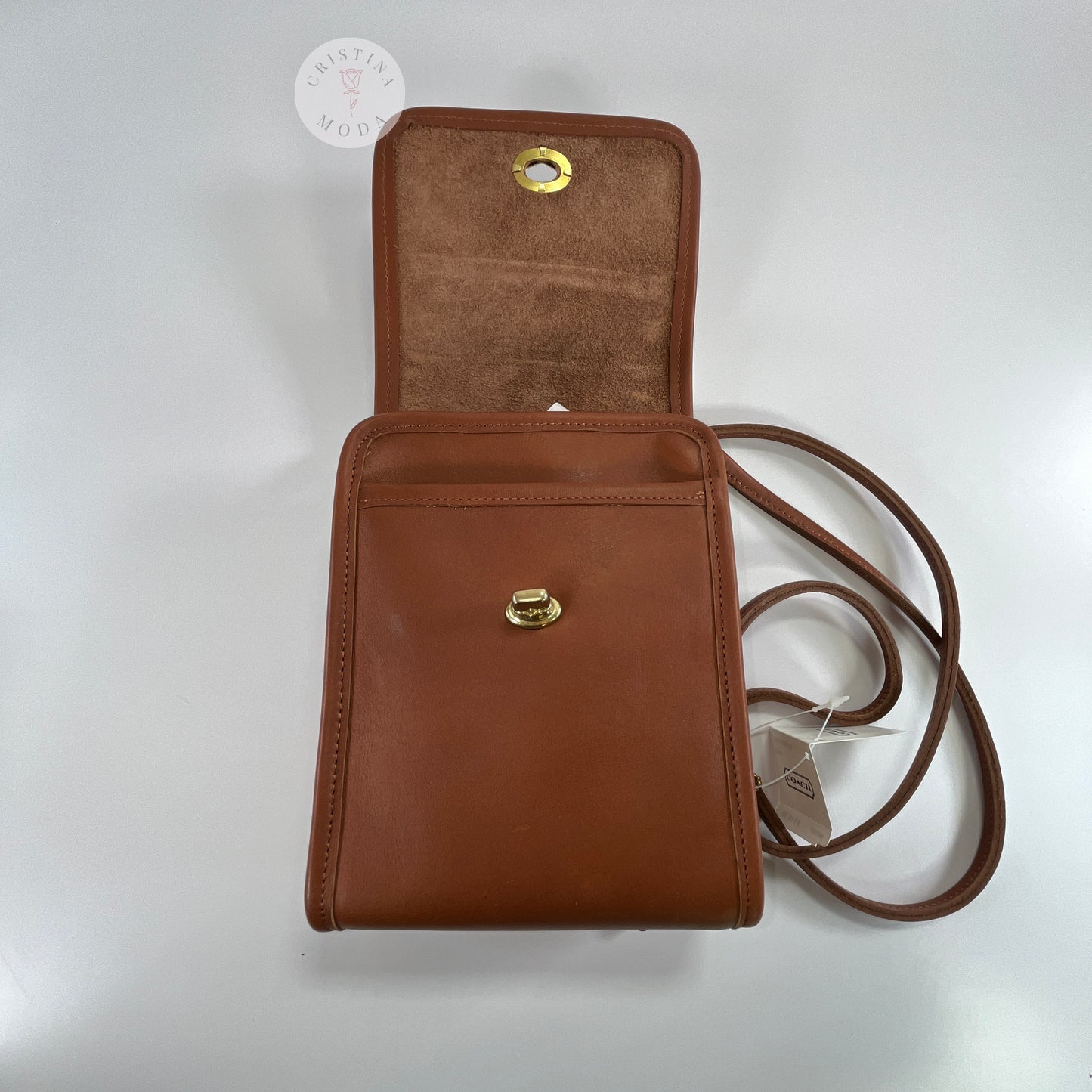 Inside view under flap of British Tan vintage Coach Scooter Bag