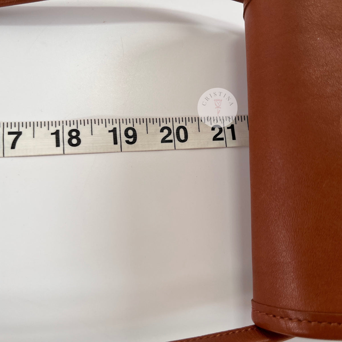 Vintage Coach Scooter bag in British Tan leather with measuring tape showing strap drop measurement