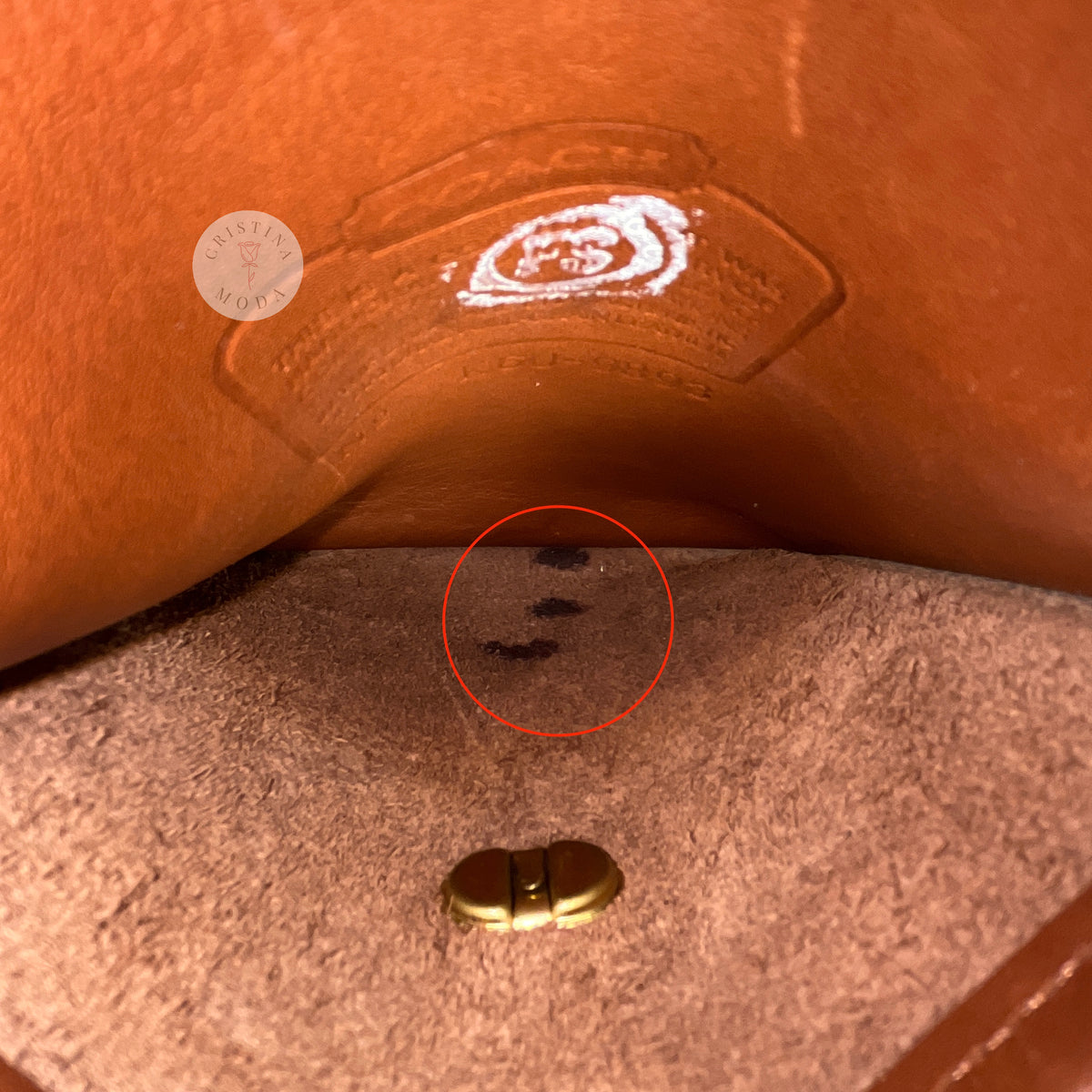 Vintage Coach Scooter bag in British Tan leather, view of internal staining