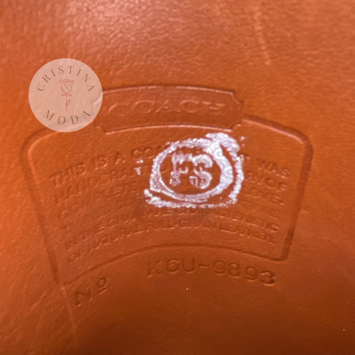 Vintage Coach Scooter bag in British Tan leather, view of creed and serial number