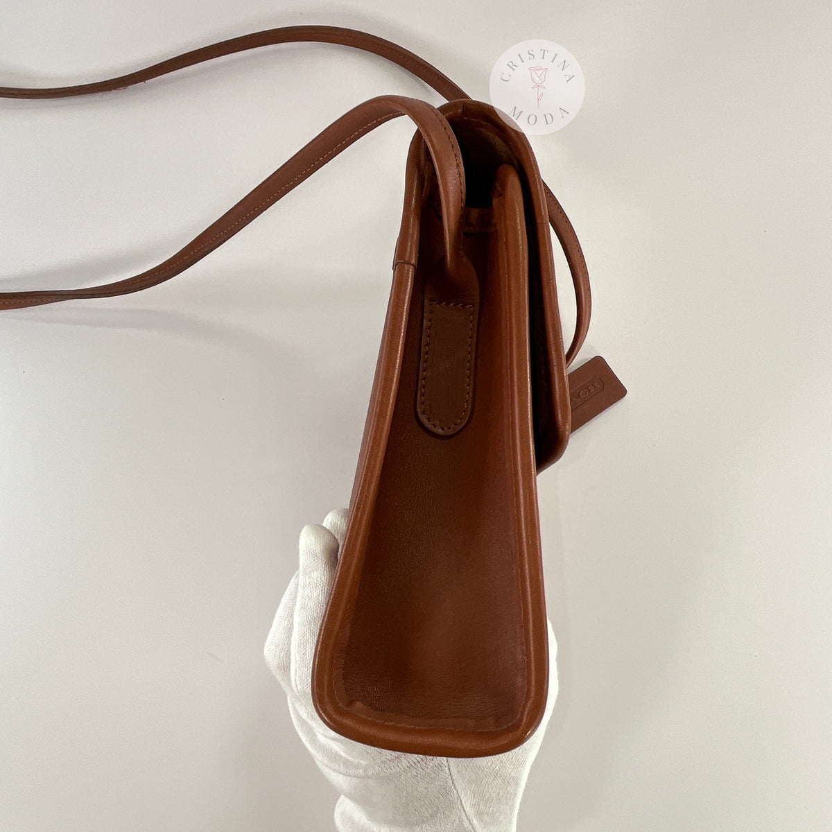Vintage Coach Scooter bag in British Tan leather, side view