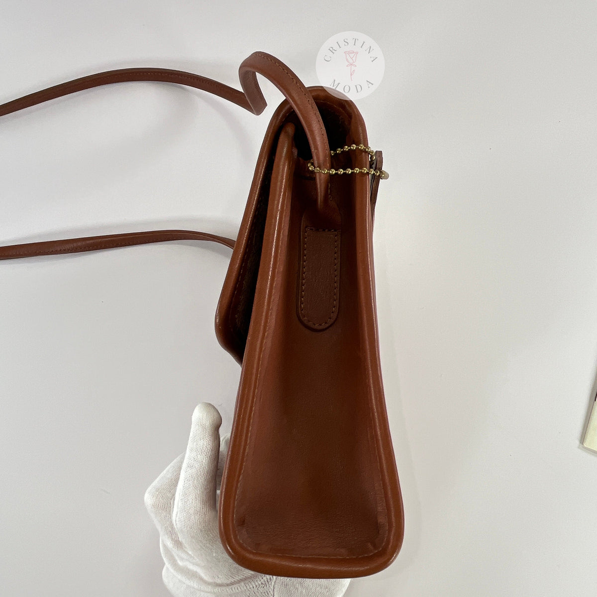 Vintage Coach Scooter bag in British Tan leather, side view