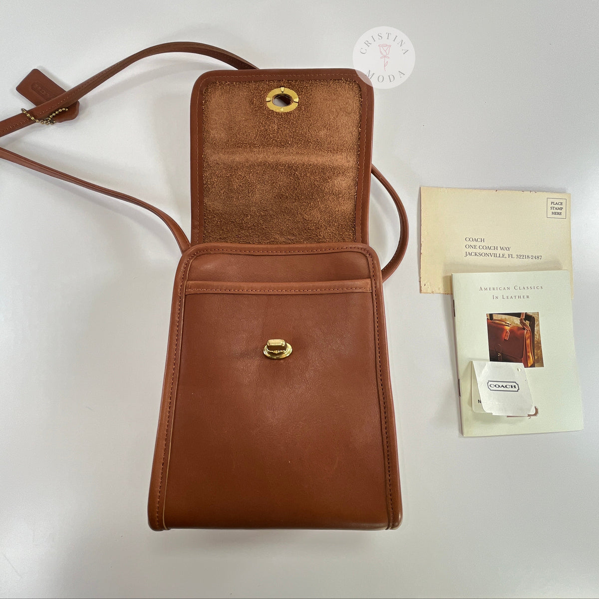 Vintage Coach Scooter bag in British Tan leather, view of area that sits under front flap