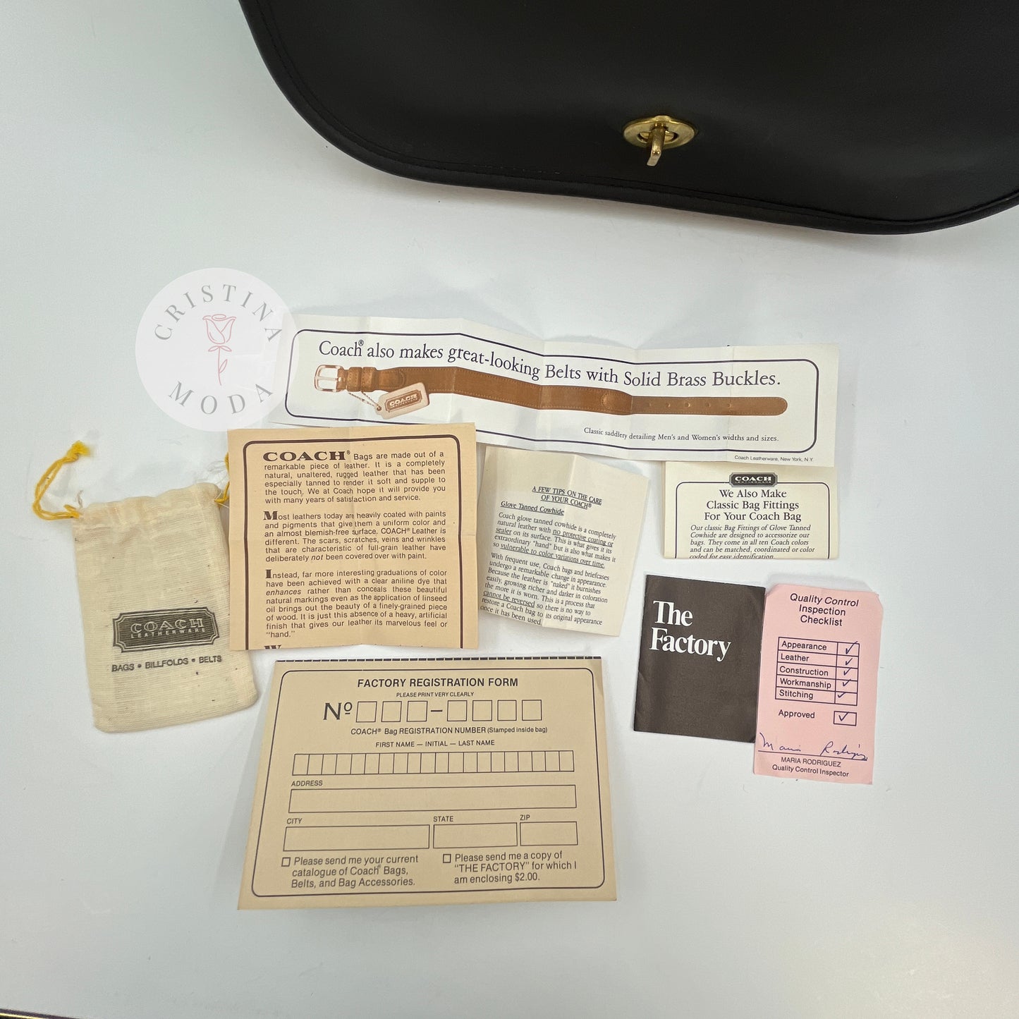 Photo of the original paperwork and registration card that come with the bag