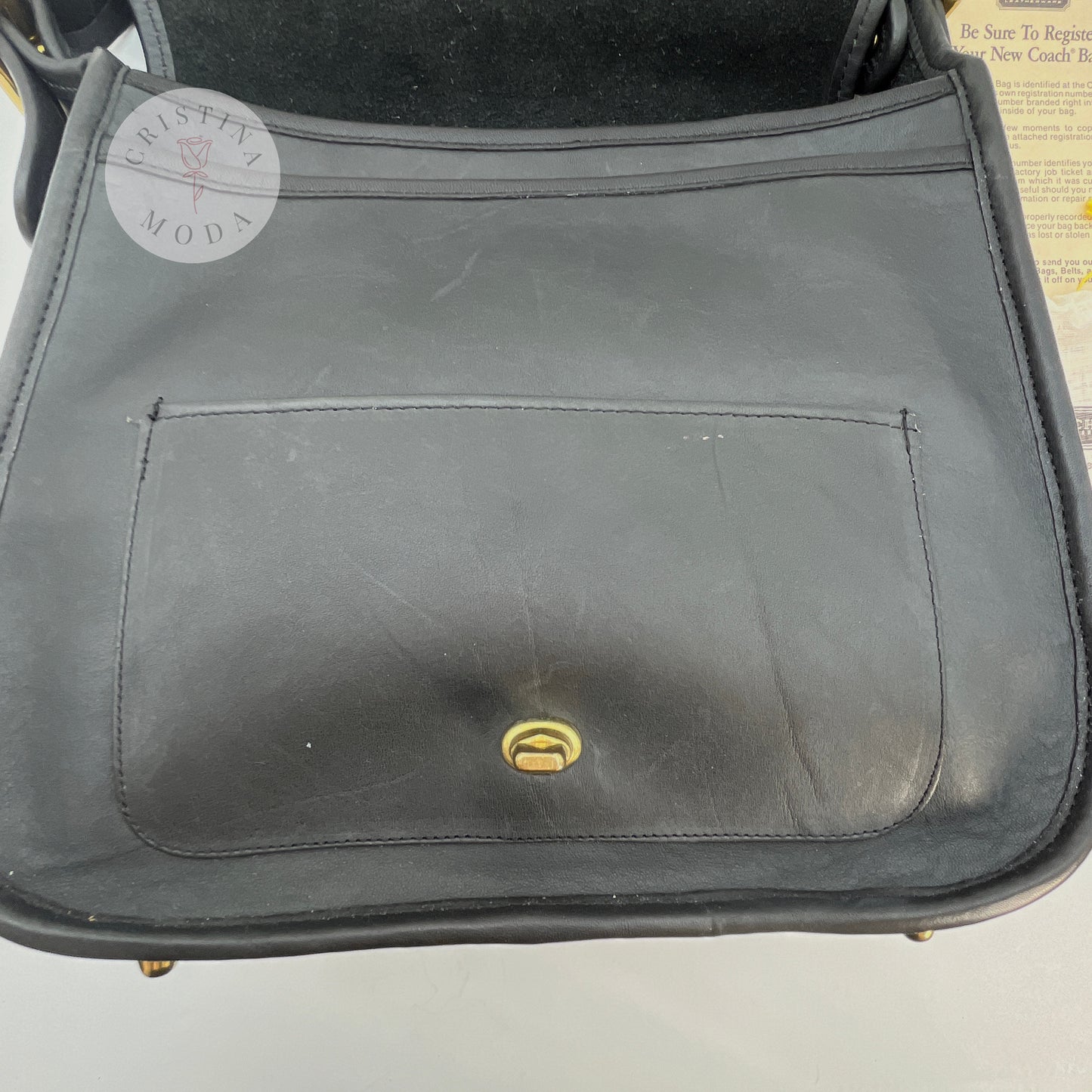 Close up of under front flap of vintage coach stewardess bag