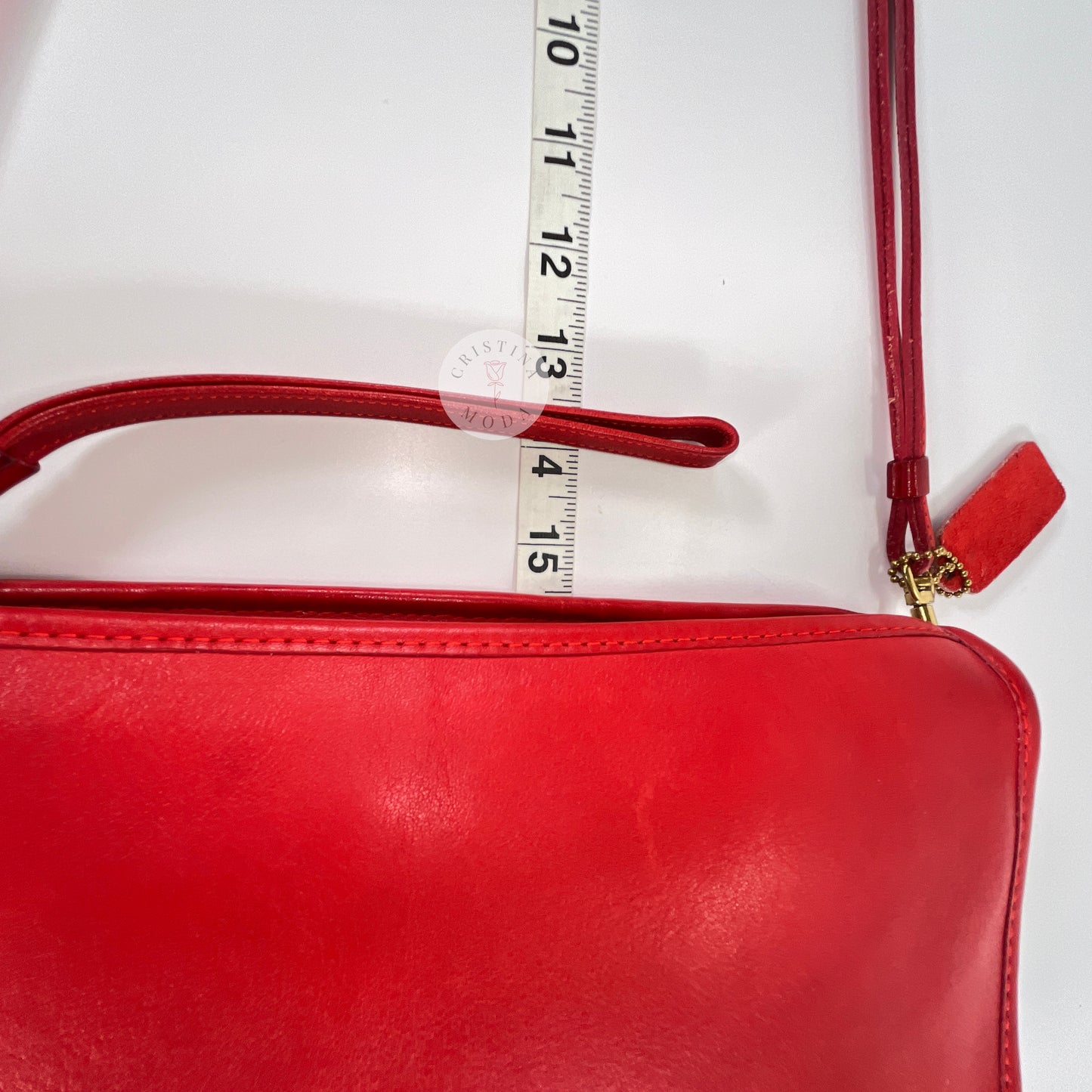 Vintage Coach Zippered Clutch in Red, view of measuring tape showing strap drop