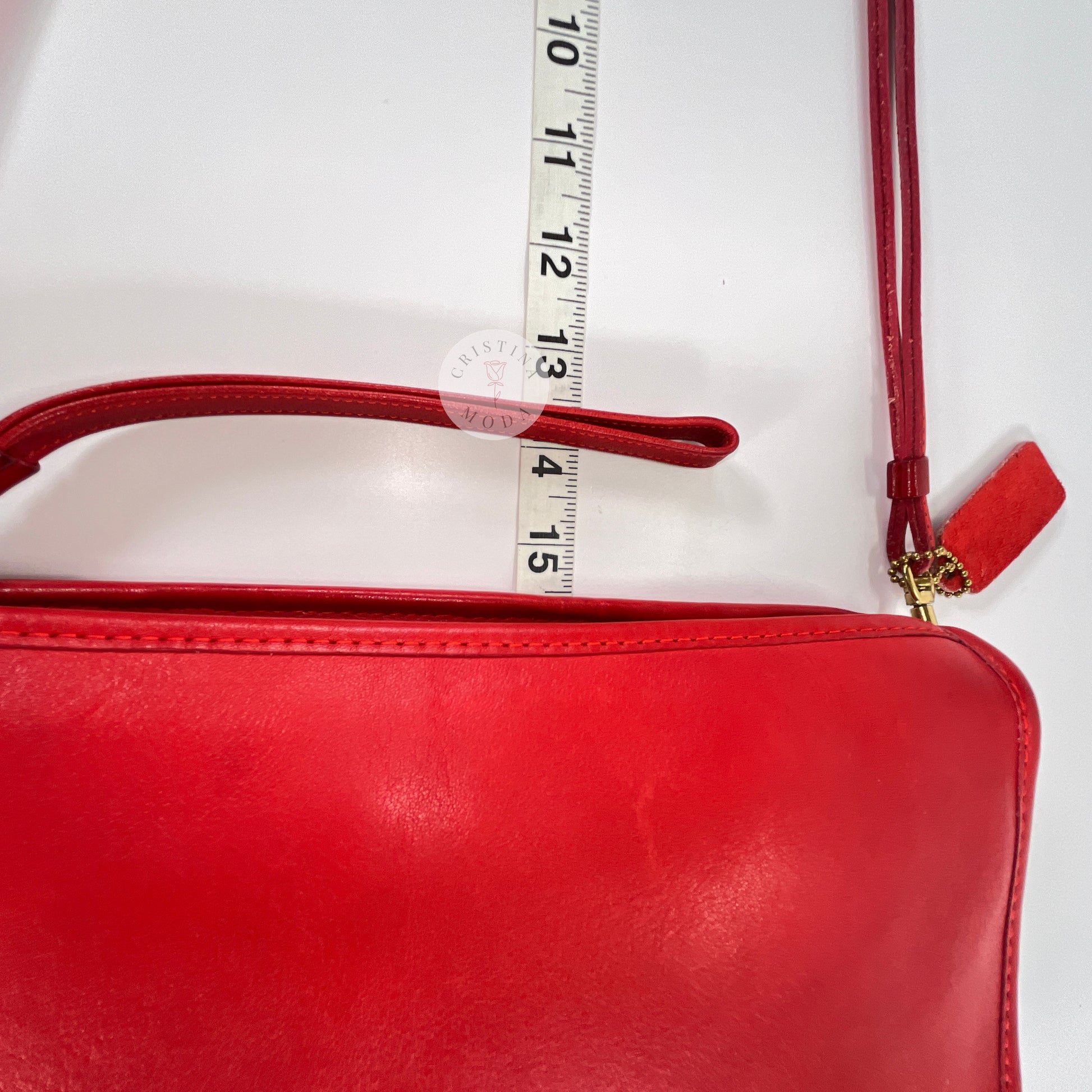 Vintage Coach Zippered Clutch in Red, view of measuring tape showing strap drop