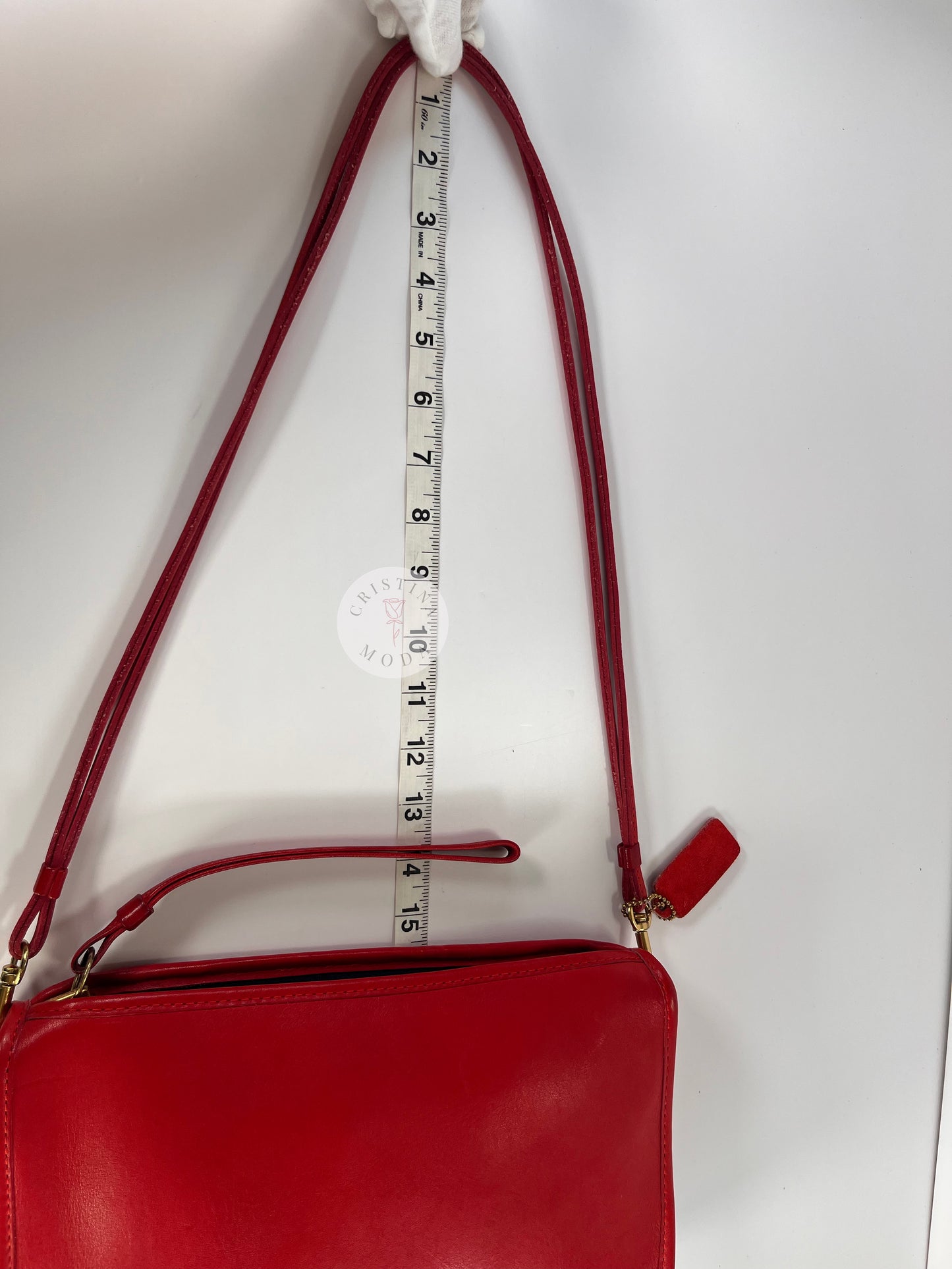 Vintage Coach Zippered Clutch in Red, view of measuring tape showing strap drop