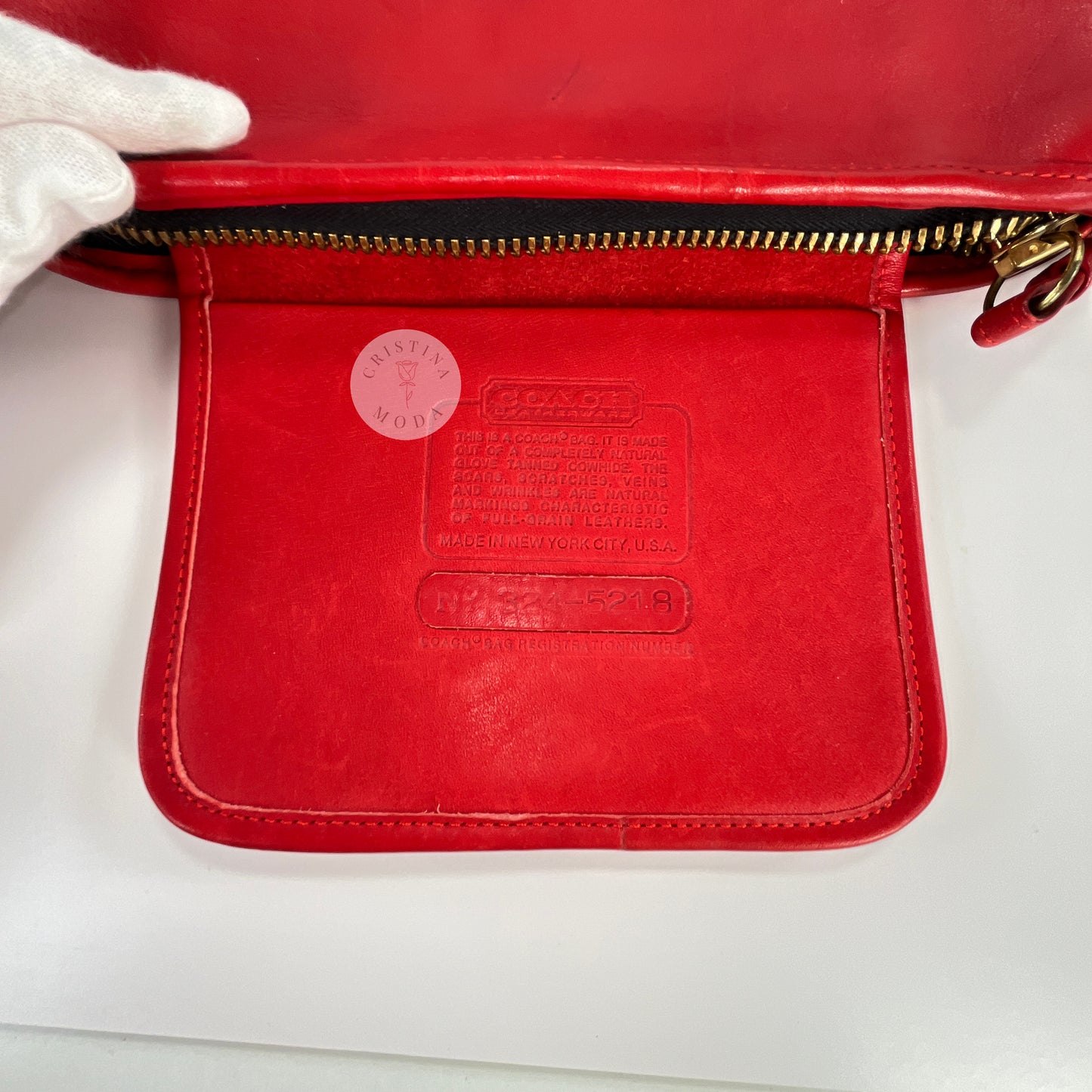 Vintage Coach Zippered Clutch in Red, view of inside hanging pocket