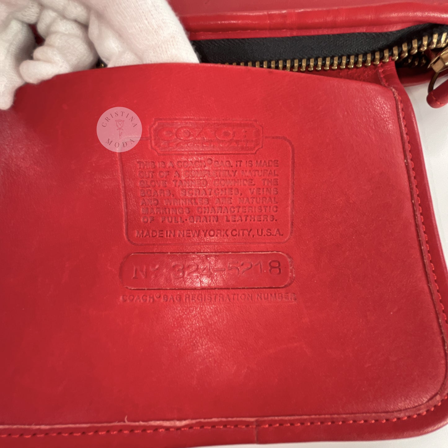 Vintage Coach Zippered Clutch in Red, view of creed and serial number
