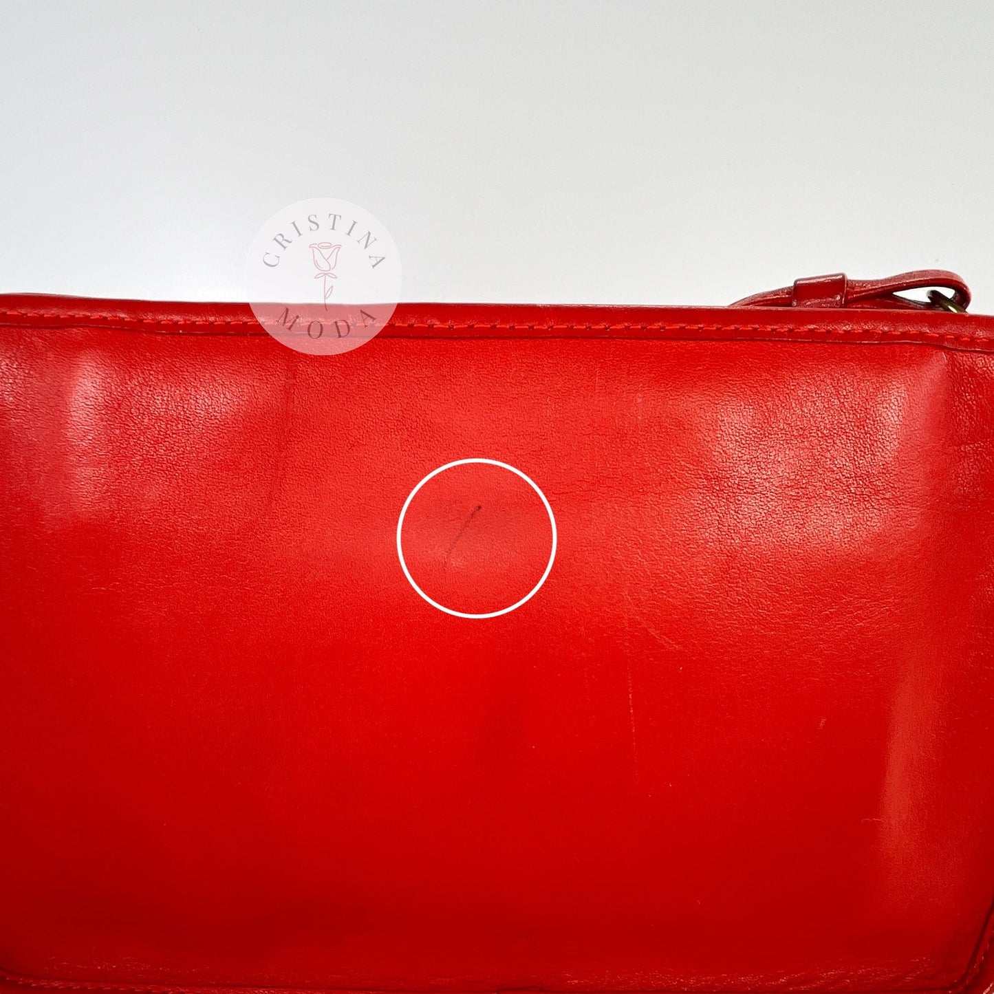 Vintage Coach Zippered Clutch in Red, close view of pen ink mark