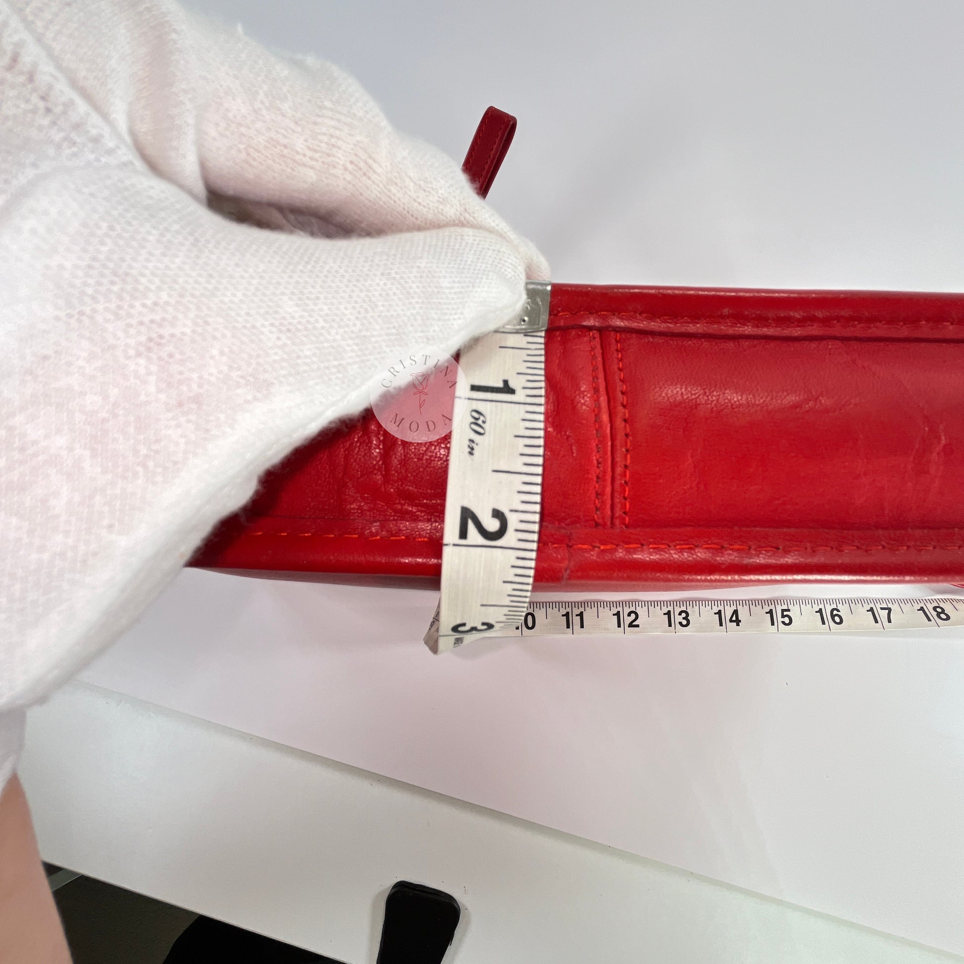 Vintage Coach Zippered Clutch in Red, view of measuring tape showing depth measurement